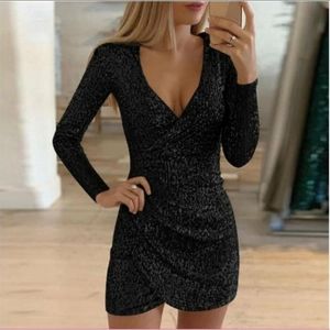 V-Neck black sequined long sleeved mini dress